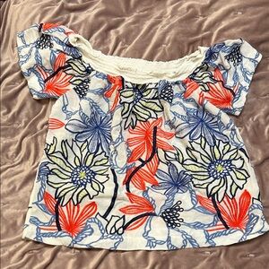 Skies Are Blue Floral Embroidered Blouse - Orange, Blue, White